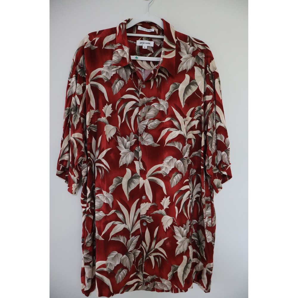 Tropical Aloha Pierre Cardin Button Down Shirt XL Red Palm Leaf Rayon Shirt